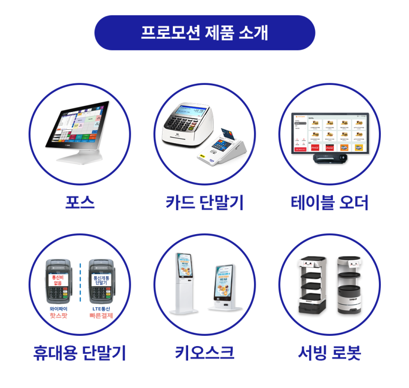포스, 카드단말기, 테이블오더, 휴대용 단말기, 키오스크와 서빙로봇 제품 안내